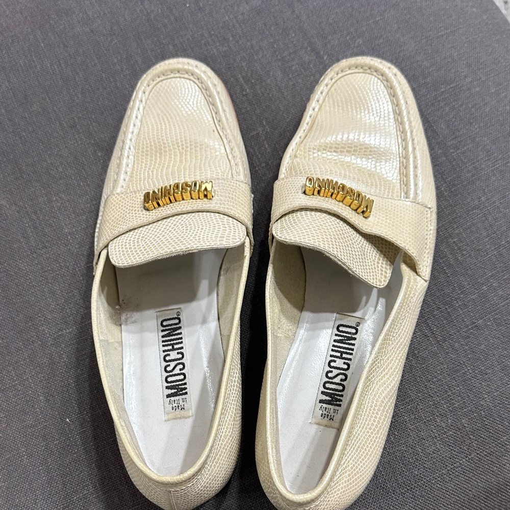 Moschino Cream Textured Loafers with Gold Accent